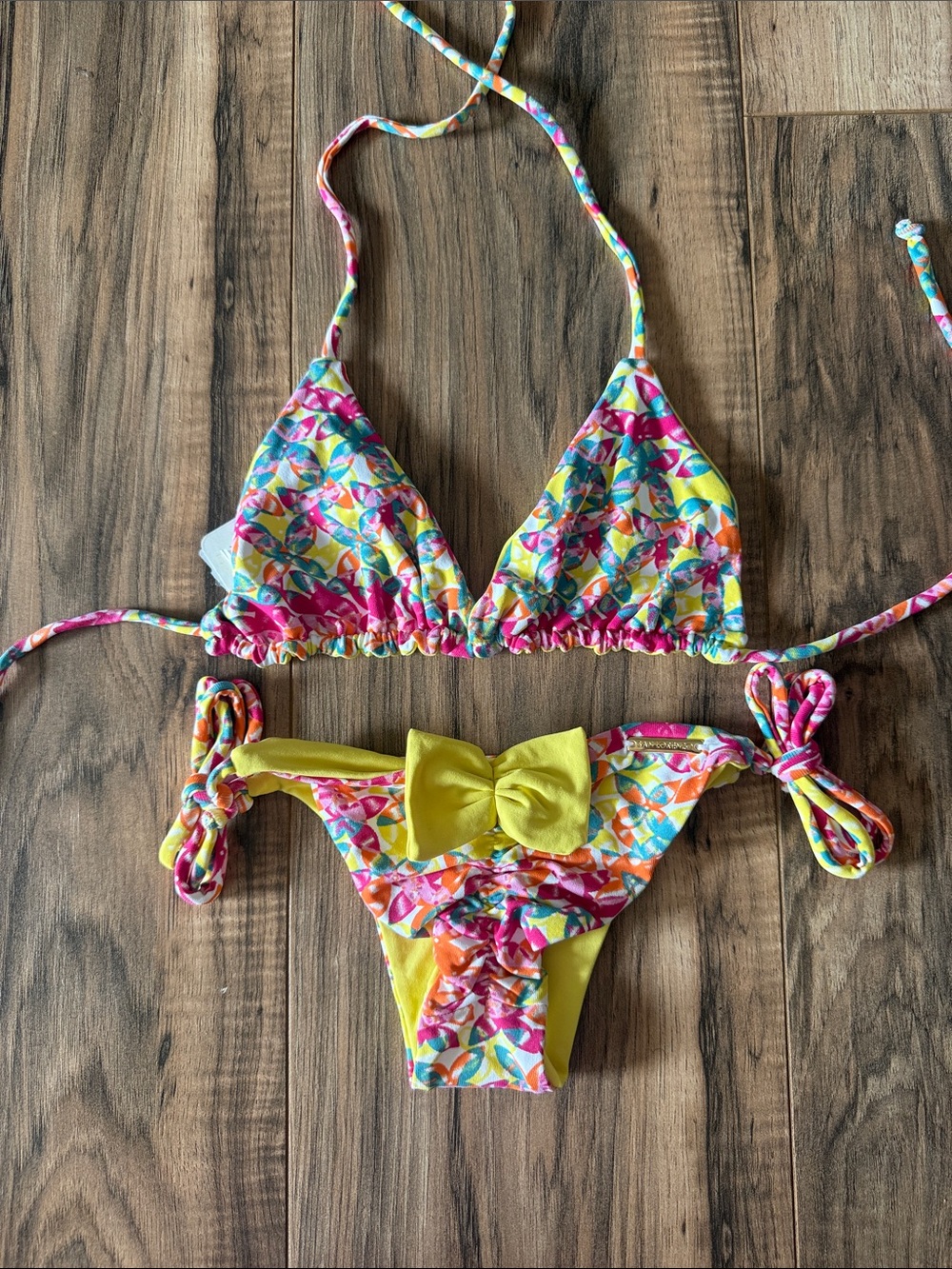 Multicolor Floral Triangle Bikini with Yellow Bow